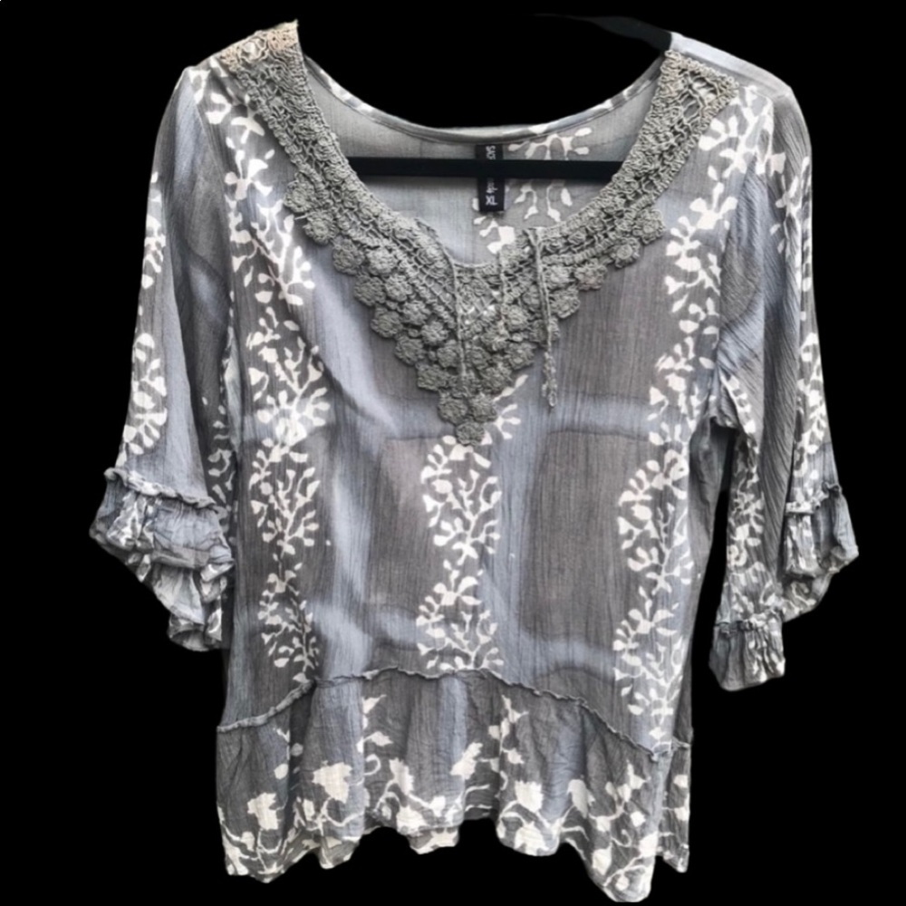 Sacred Threads Gray Floral Crochet-Neck Peasant Blouse